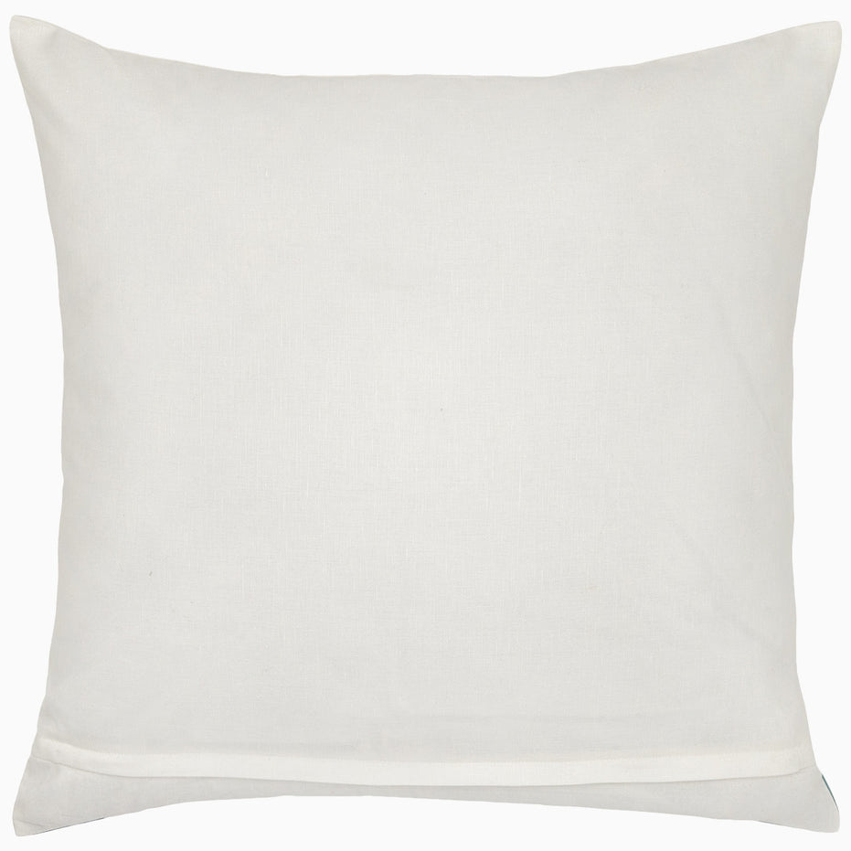 A white Indigo Elephant Decorative Pillow on a white background, made of cotton linen by John Robshaw.