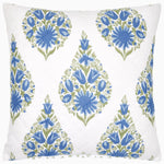 A Mayra Azure Quilt hand quilted blue and white cushion with a floral design made from cotton voile by Quilts & Coverlets. - 30395666038830