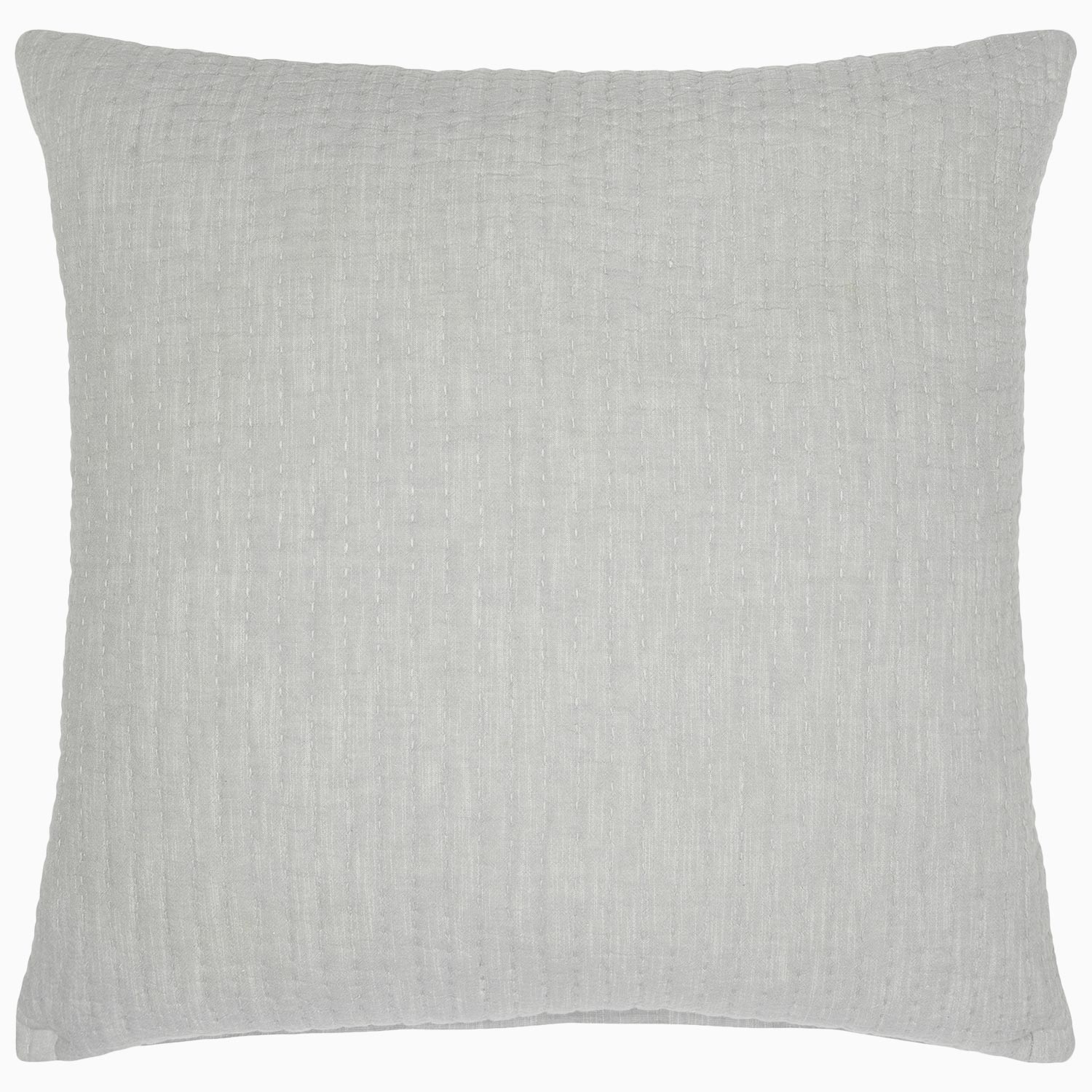 A Vivada Light Gray Woven Quilt with a cotton chambray coverlet on a white background. (by John Robshaw)