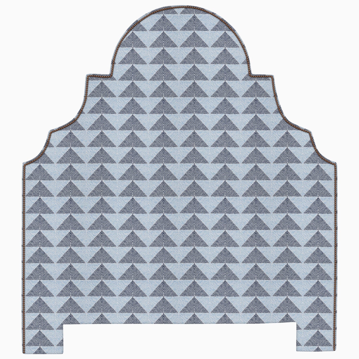 A Custom Dara Headboard with a geometric pattern in blue and gray available for shipping by John Robshaw.