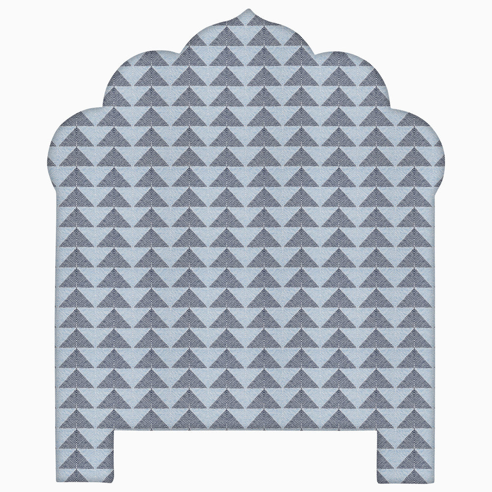 A John Robshaw Custom Bihar Headboard, a handmade blue and gray pattern with triangles on it, available for white glove delivery.