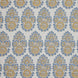 A blue and yellow floral pattern on a white background, featuring block prints, made with Lanka Marigold Performance Fabric by John Robshaw.