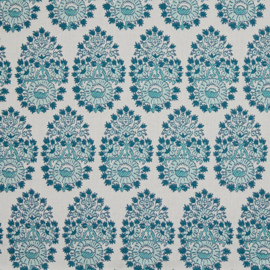 A blue and white paisley pattern on a white background, created using John Robshaw's Lanka Seaglass Performance Fabric.