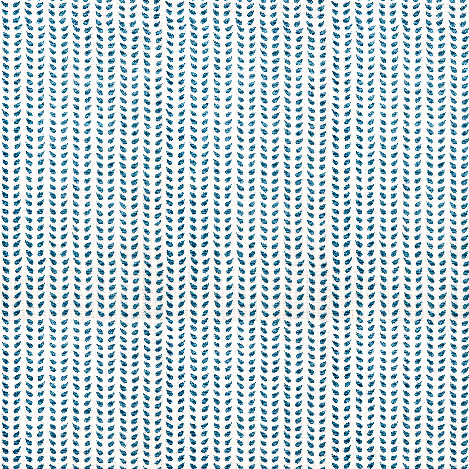 A John Robshaw Aleppo Teal Fabric with a blue and white chevron pattern on a white background.
