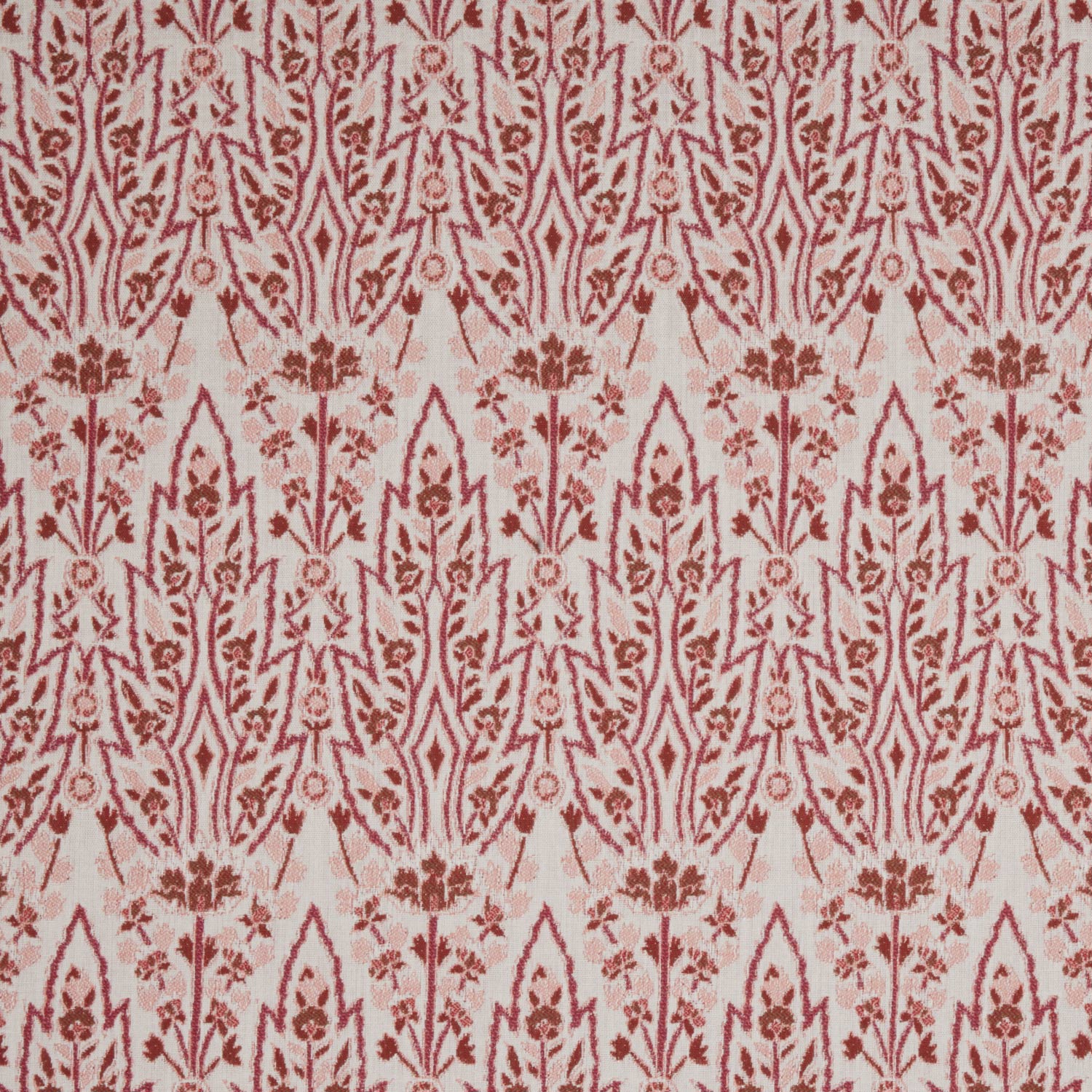 A red and white floral pattern on a white background inspired by Mughal gardens, featuring the Marmar Berry Performance Fabric by John Robshaw.