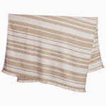 A beige and white striped Ekram White Throw with a fringed edge on a white background, made by John Robshaw. - 30783908446254