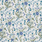 The Kia Sage Euro by John Robshaw showcases an intricate fabric pattern with various blue and green blooms on a pristine white background. - 31259700953134