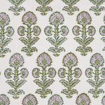 The Ojas Lavender Euro by John Robshaw features a repetitive floral design with green leaves and purple flowers on a white background, enhanced by delicate embroidery details. - 31263320244270