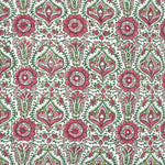 The Razia Azalea Decorative Pillow by John Robshaw showcases a detailed floral pattern with red and pink flowers and green leaves, all hand block printed and symmetrically arranged on a white background. The design features a hidden zipper closure for a seamless look. - 31263374442542