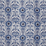 The Razia Lapis Decorative Pillow by John Robshaw features a meticulously hand block printed, blue and white floral damask pattern with symmetrical and decorative motifs, crafted in India. - 31263388631086