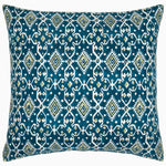 A John Robshaw Alagan Peacock Decorative Pillow, hand-stitched blue and white cushion with a geometric pattern. - 30792893136942