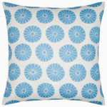 An Aleesa Light Indigo Outdoor Decorative Pillow by Pillows featuring a blue and white cushion with a flower pattern, resistant to sun and rain for outdoor use. - 30793227141166