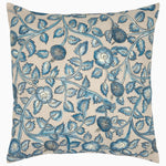 A blue and white Arav Decorative Pillow with a floral pattern, featuring a hidden zipper closure and made of cotton linen. (Brand: John Robshaw) - 30793229172782