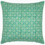 A green and yellow Bimal Decorative Pillow adorned with a hand-stitched floral pattern featuring French knots by John Robshaw. - 30793234186286