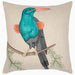 A John Robshaw Bird Watcher Decorative Pillow, hand painted cotton linen cushion with a hidden zipper closure featuring a bird on a branch. - 30793237168174