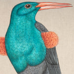 A John Robshaw Bird Watcher Decorative Pillow hand painted drawing of a bird with orange and blue feathers on cotton linen fabric. - 30801473798190