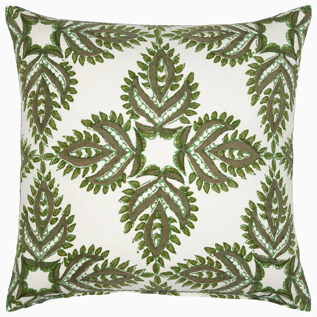 A Verdin Dark Sage Decorative Pillow by John Robshaw, with embroidered leaves, hand block printed.