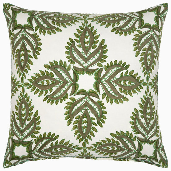 A Verdin Dark Sage Decorative Pillow by John Robshaw, with embroidered leaves, hand block printed.