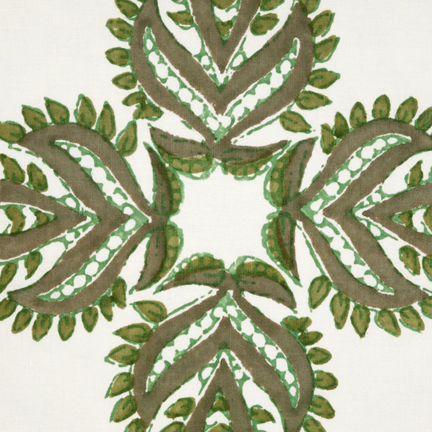 A John Robshaw Verdin Dark Sage Decorative Pillow with a hand block printed green leaf design on a white background.