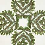 A John Robshaw Verdin Dark Sage Decorative Pillow with a hand block printed green leaf design on a white background. - 30801477304366