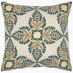 A Verdin Peacock Decorative Pillow by John Robshaw with a beige and blue floral design. - 30794837033006