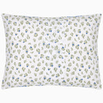 A hand quilted white pillow with blue flowers on it, made from cotton voile. Suitable for John Robshaw decor enthusiasts. - 30395665973294