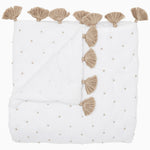 A John Robshaw white cotton quilt with tassels and French Knot Sand Throw detailing. - 30395672068142