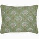 The Jeeva Sage Quilt by John Robshaw is a rectangular pillow with a green background, featuring a pattern of large blue and white flowers with intricate stems and leaves, reminiscent of a spring meadow design. This soft cotton quilted piece is both charming and cozy.
