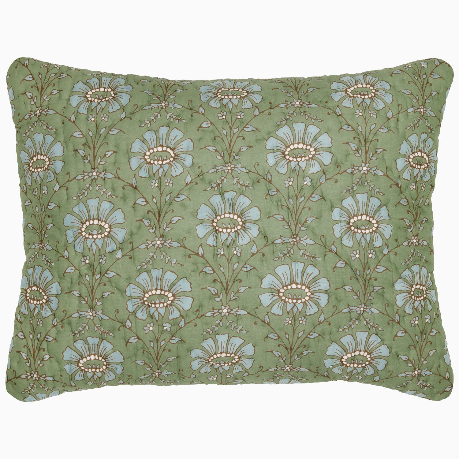 The Jeeva Sage Quilt by John Robshaw is a rectangular pillow with a green background, featuring a pattern of large blue and white flowers with intricate stems and leaves, reminiscent of a spring meadow design. This soft cotton quilted piece is both charming and cozy.