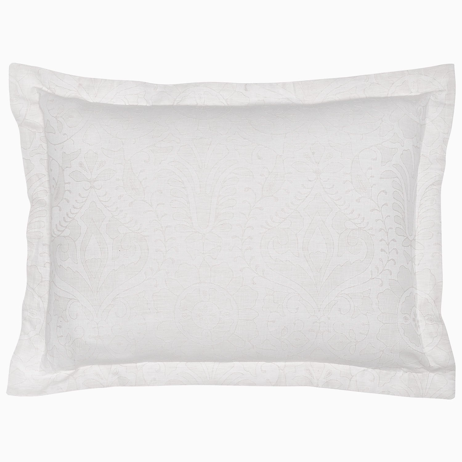 A decorative rectangular white pillow, part of the Amina Ecru Duvet Set by John Robshaw, featuring intricately woven lines and subtle floral patterns, crafted from the finest quality cotton linen.