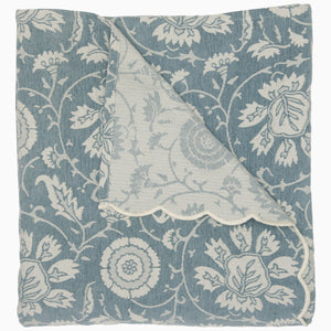 A partially unfolded Kimari Mist Coverlet by John Robshaw, showcasing its delicate woven floral patterns and scalloped edges in blue and white.