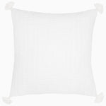 The Velvet White Decorative Pillow by Pillows is a white square pillow boasting a hand-quilted pattern, luxurious velvet texture, tassels on each corner, and a hidden zipper. - 31272650702894