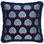 The Uday Decorative Pillow by John Robshaw is crafted from cotton velvet, featuring a dark blue base with a repeating pattern of light blue fan-shaped designs and dark blue fringes along the edges. - 31272647098414