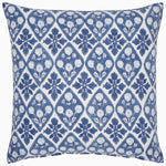 The Sehra Azure Decorative Pillow by John Robshaw is a square pillow adorned with blue and white floral patterns arranged in a diamond layout against a white background. It features a hidden zipper closure and is made in India using traditional hand block printing techniques. - 31272613314606