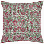 Introducing the Razia Azalea Decorative Pillow by John Robshaw: a square pillow showcasing a detailed floral and leafy pattern in vibrant red, green, and white. Hand block printed for an artisanal touch, it features a hidden zipper closure for easy maintenance. - 31272494071854