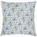 The Kia Sage Euro square pillow by John Robshaw features a white background adorned with a floral pattern showcasing blue and green blooms, crafted from cotton linen. - 31272478769198