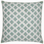 The Junu Sage Decorative Pillow by John Robshaw is a square pillow with a white background adorned with a repeating blue floral pattern. Crafted from a linen-cotton blend and hand block printed for an artisanal touch, it features a hidden zipper closure for seamless elegance. - 31272477917230