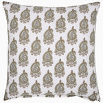 Square pillow with a white background featuring repetitive ornate paisley patterns in gold and brown, from John Robshaw's Nilay Leaf Organic Duvet collection, made in India. - 31272404975662