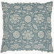 Square pillow featuring delicate woven florals in blue and white with scalloped edges, designed by John Robshaw as part of the Kimari Mist Coverlet collection, crafted from soft jacquard cotton chenille.