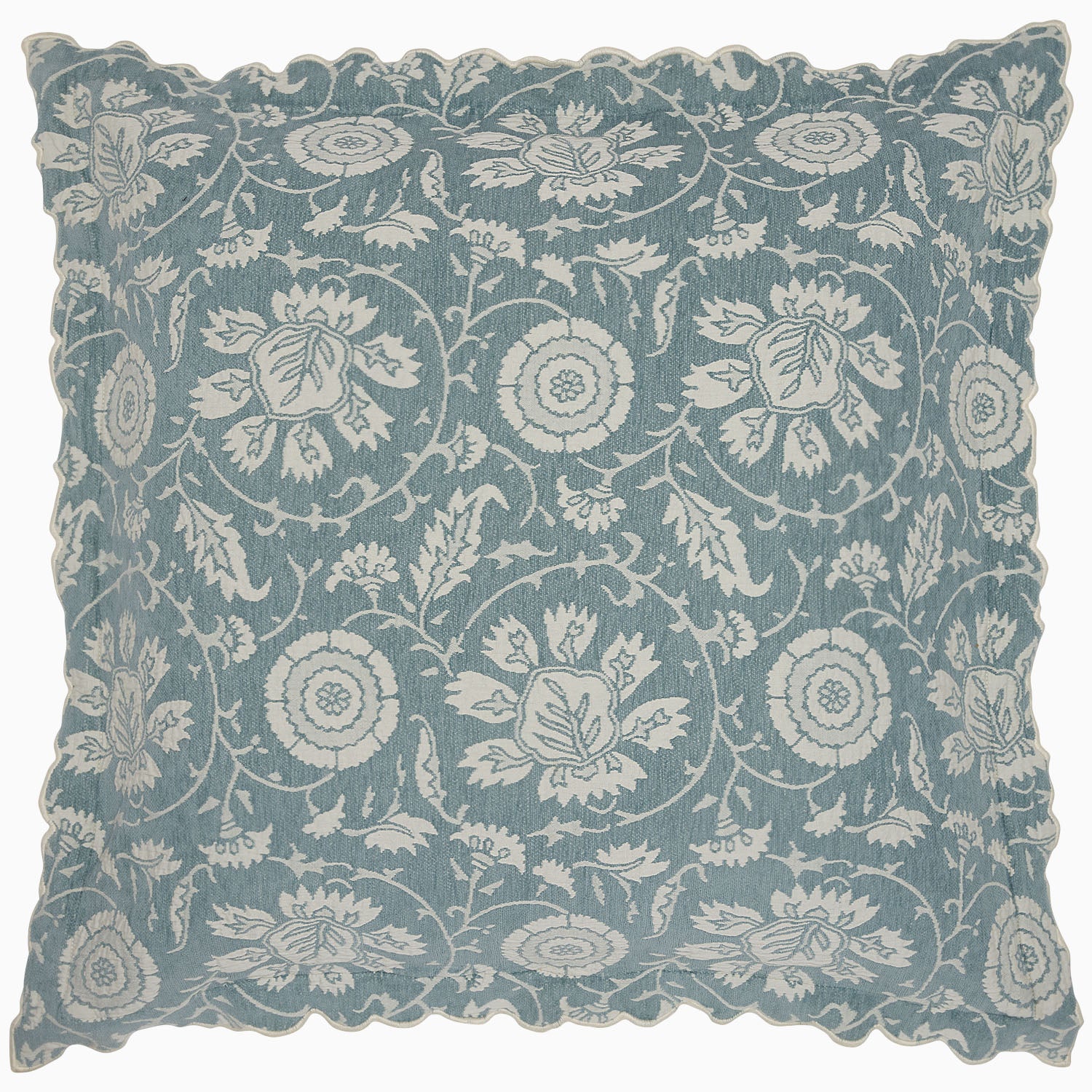 Square pillow featuring delicate woven florals in blue and white with scalloped edges, designed by John Robshaw as part of the Kimari Mist Coverlet collection, crafted from soft jacquard cotton chenille.