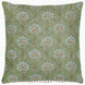 The Jeeva Sage Quilt by John Robshaw is a square throw pillow with a light green background showcasing a spring meadow design of white and light blue flowers with brown stems and leaves, all hand quilted from soft cotton.