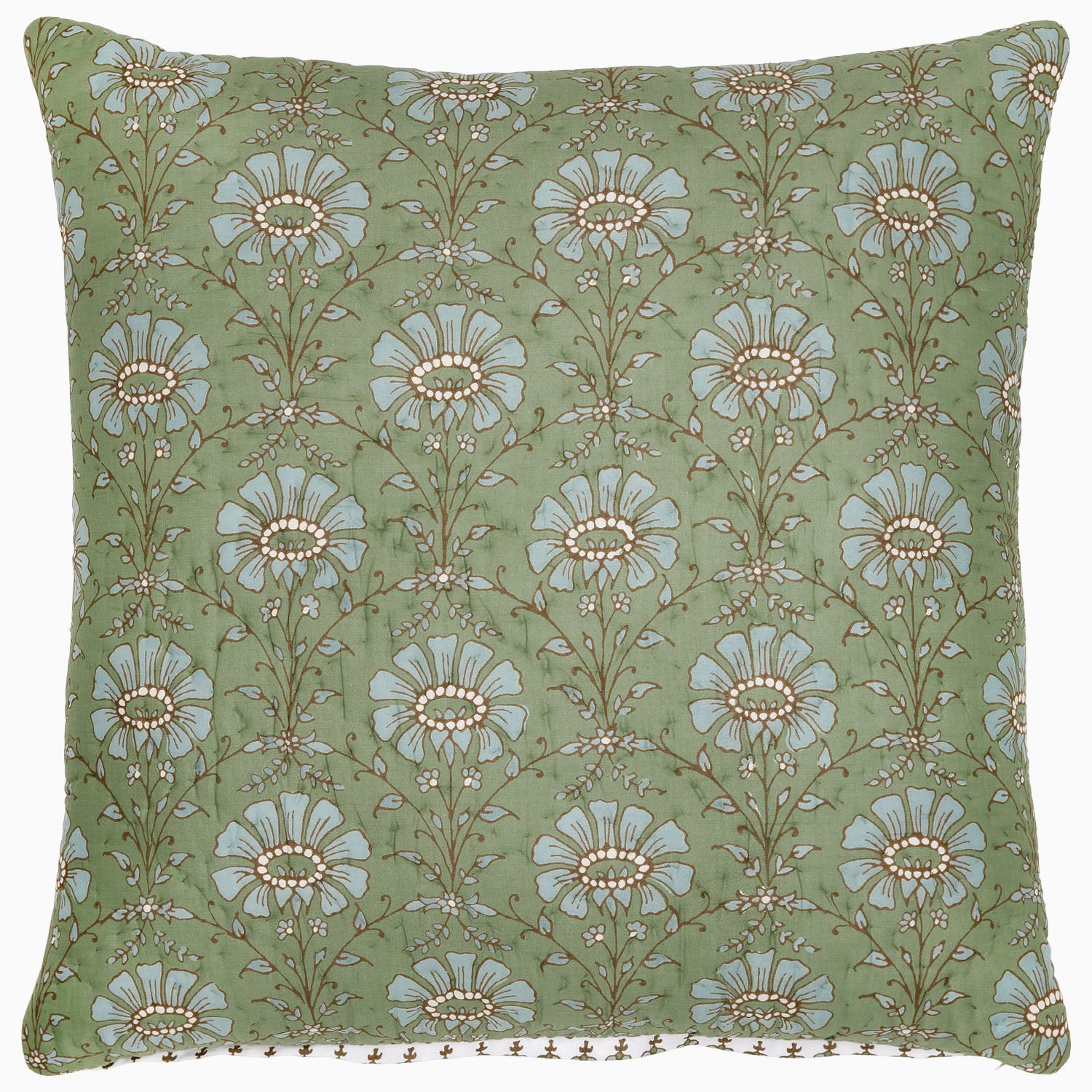 The Jeeva Sage Quilt by John Robshaw is a square throw pillow with a light green background showcasing a spring meadow design of white and light blue flowers with brown stems and leaves, all hand quilted from soft cotton.