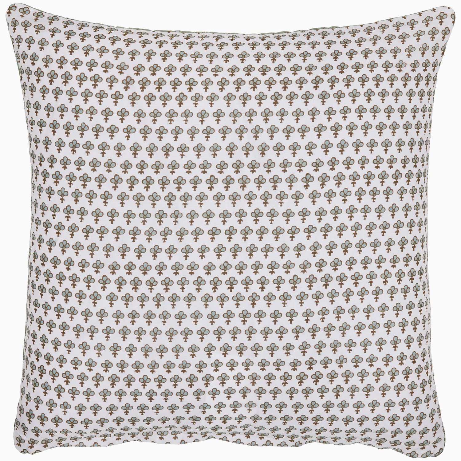 Square pillow from the Jeeva Sage Quilt collection by John Robshaw features a white background adorned with a spring meadow design of evenly distributed small, brown, and grey floral motifs.