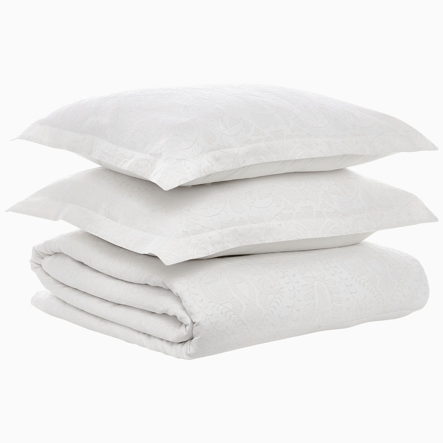 A neatly folded Amina Ecru Duvet Set by John Robshaw and two stacked white pillows with a subtle floral pattern rest on a plain white background, showcasing the finest quality cotton linen.