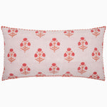 The Lucy Coral Bolster by John Robshaw is a beautifully crafted pillow made of cotton linen, showcasing an elegant design with a white background, adorned with an orange and pink floral pattern along with horizontal stripes. Made expertly in India. - 31272599846958