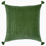 John Robshaw's Velvet Moss Decorative Pillow, a hand-quilted green velvet cushion with tassels, crafted by Indian artisans. - 30484729397294