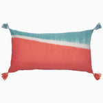 A John Robshaw Dip Dyed Coral Bolster with tassels in coral and turquoise. - 29303321460782