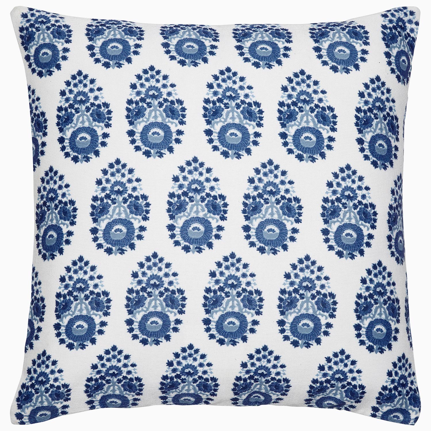 A small Adira Indigo Outdoor Decorative Pillow with a floral pattern of bhuti flowers by John Robshaw.