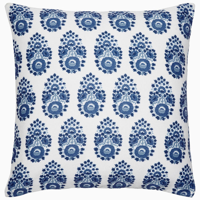 A small Adira Indigo Outdoor Decorative Pillow with a floral pattern of bhuti flowers by John Robshaw.