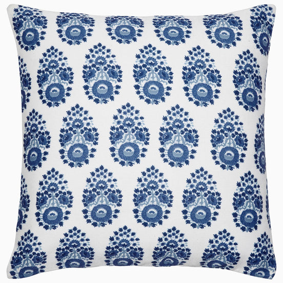 A small Adira Indigo Outdoor Decorative Pillow with a floral pattern of bhuti flowers by John Robshaw.